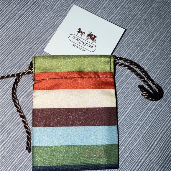 Coach Satin Striped Drawstring Pouch in Green, Rust, Cream, Brown & Blue - Picture 2 of 3